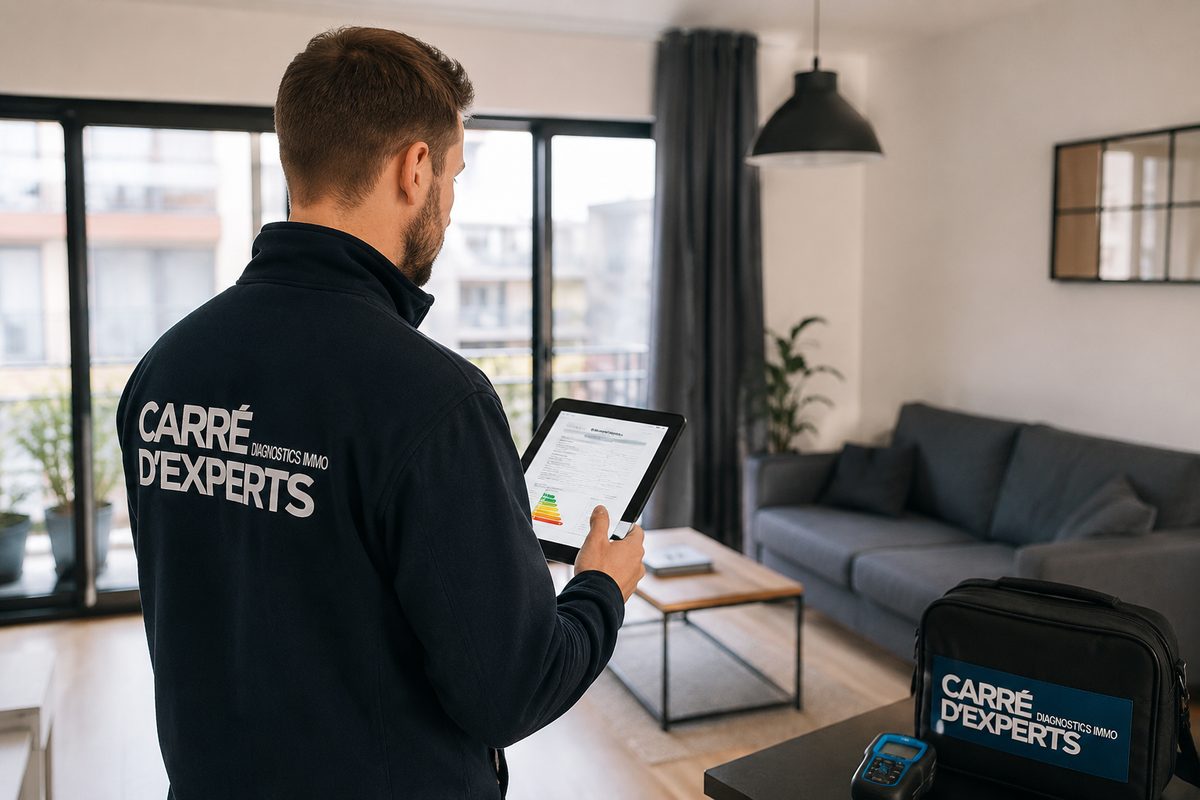 Technicien Carr&eacute; d'Experts r&eacute;alisant un diagnostic dans un logement